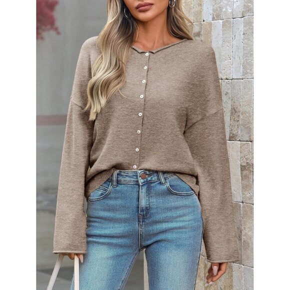 Women's Button Up Cardigan Sweater Lightweight Crew Neck Long Sleeve Fall - Picture 4 of 5